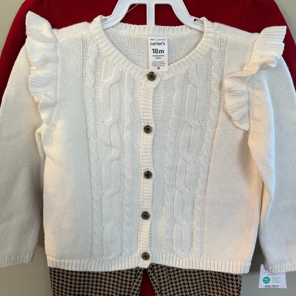 NEW Carters Baby Girls 18m Holly Bodysuit White Cable Knit‎ Sweater 3 piece set
